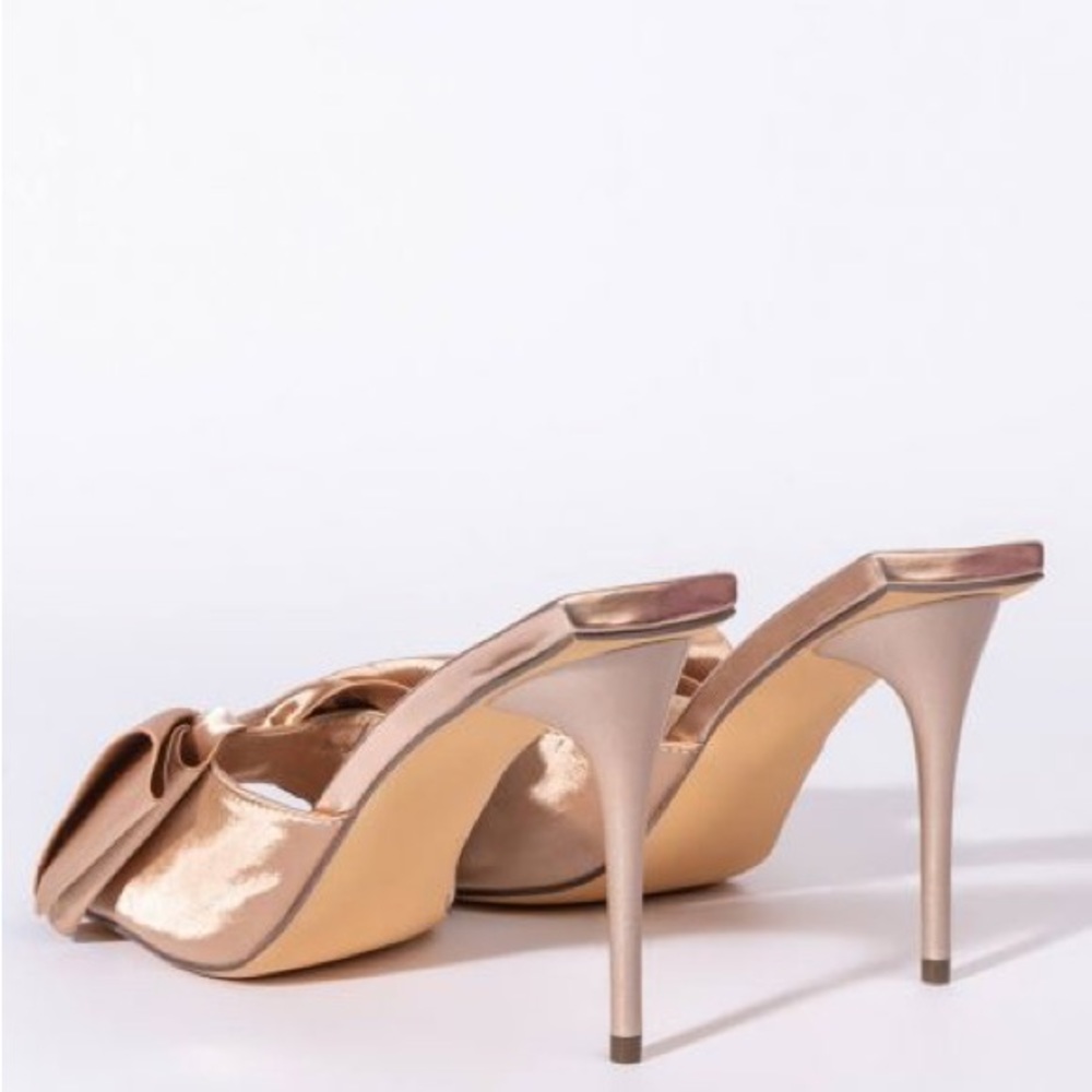 Azalea Wang Golden Beige Satin Bow Stiletto High Heel Mule Sandals - Picture 5 of 5